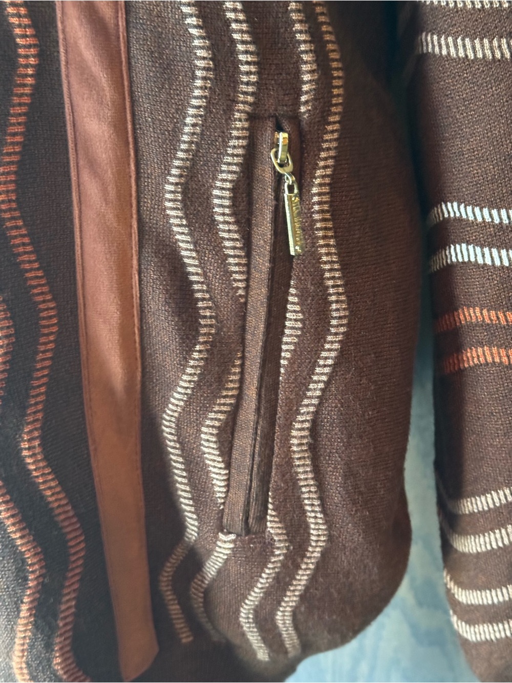 Silversilk Brown Bomber zip up sweater Jacket with Cream & Rust Wavy Stripes 3x - Picture 7 of 9